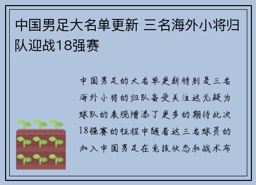 中国男足大名单更新 三名海外小将归队迎战18强赛