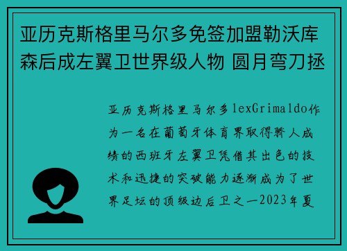 亚历克斯格里马尔多免签加盟勒沃库森后成左翼卫世界级人物 圆月弯刀拯救球队